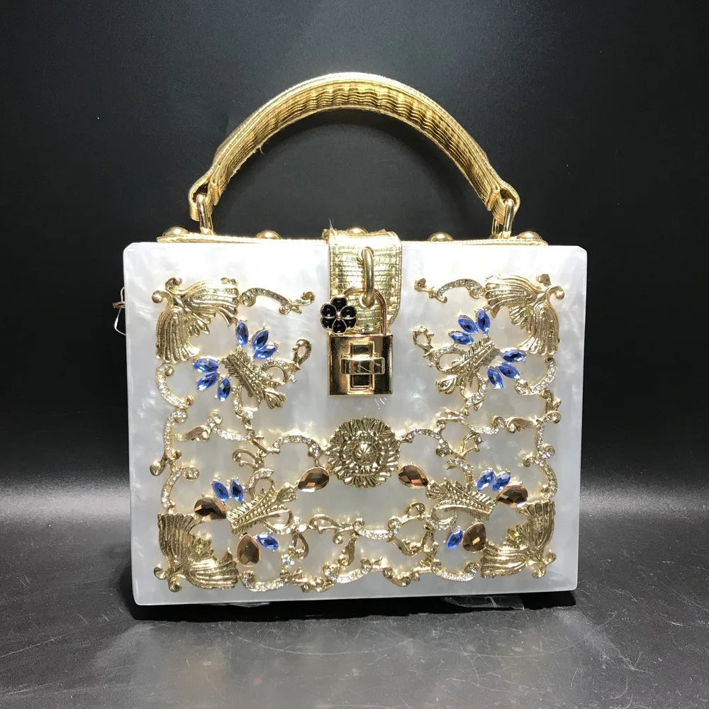 Girl Bling Sequined Women Metal Pearl White Clutch Bags Ladies Handbags Party Cocktail Evening Purse Bag