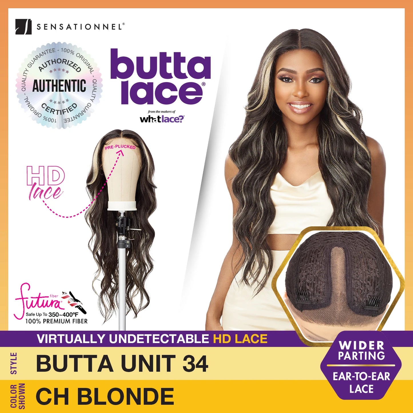 Sensationnel Butta Lace HD Lace Front Wig Unit 34 – Long Natural Body Wave, Pre-Plucked, Natural Look, Heat Safe