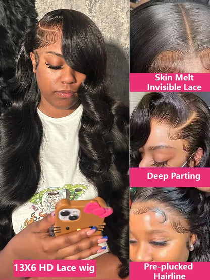 Noir Body Wave HD Transparent Lace Front Wig – 13x4 / 13x6 / 360 Lace Options (Brazilian Human Hair 30–40 Inch)