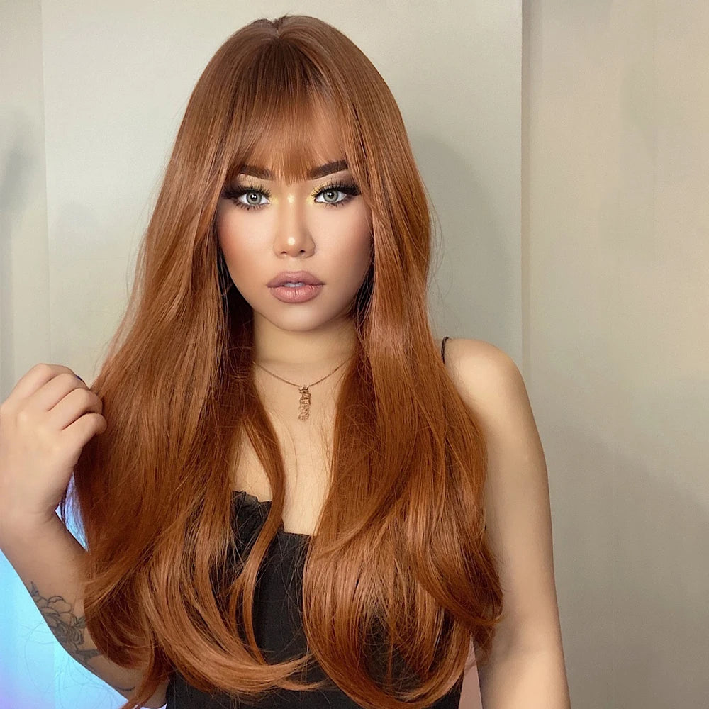 HENRY MARGU Long Straight Synthetic Wigs with Bangs Brown Red Copper Ginger Machine Made Wig for Women Cosplay Heat Resistant