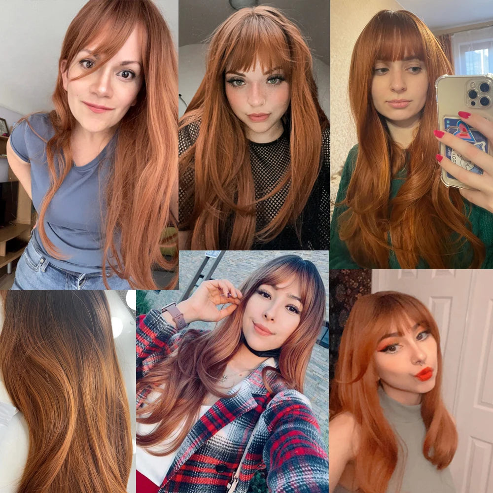 HENRY MARGU Long Straight Synthetic Wigs with Bangs Brown Red Copper Ginger Machine Made Wig for Women Cosplay Heat Resistant