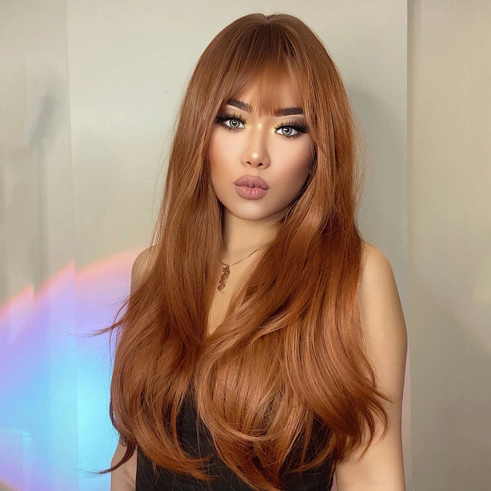 HENRY MARGU Long Straight Synthetic Wigs with Bangs Brown Red Copper Ginger Machine Made Wig for Women Cosplay Heat Resistant