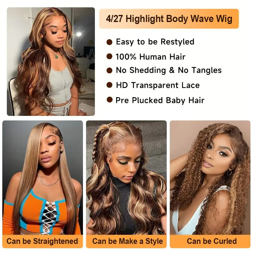 Valencia - Highlight 4/27 Body Wave Wig – 13x6 HD Lace Front Brazilian Human Hair Wig, Pre-Plucked 13x4 Transparent Lace for Women