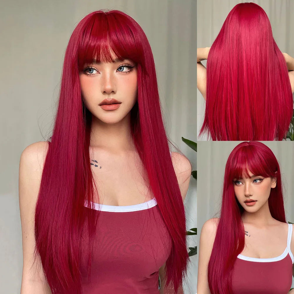 HENRY MARGU Long Straight Synthetic Wigs with Bangs Brown Red Copper Ginger Machine Made Wig for Women Cosplay Heat Resistant