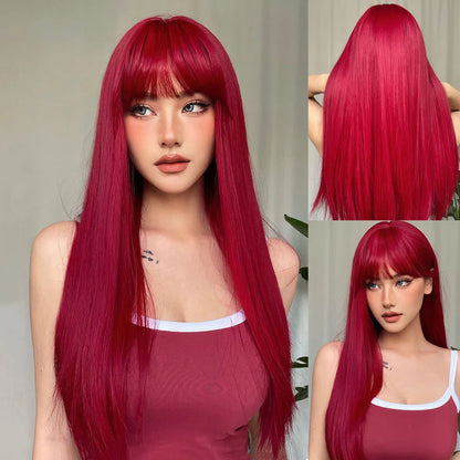 HENRY MARGU Long Straight Synthetic Wigs with Bangs Brown Red Copper Ginger Machine Made Wig for Women Cosplay Heat Resistant