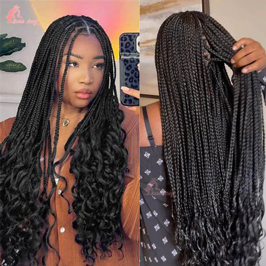 Synthetic Knotless Box Braided Wigs French Curly Full Lace Braids Hair Wig Afric Cornrow Braiding Lace Wigs For Black Women