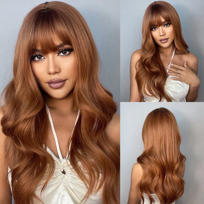 HENRY MARGU Long Straight Synthetic Wigs with Bangs Brown Red Copper Ginger Machine Made Wig for Women Cosplay Heat Resistant