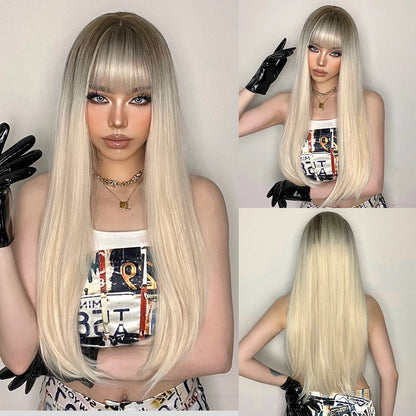 HENRY MARGU Long Straight Synthetic Wigs with Bangs Brown Red Copper Ginger Machine Made Wig for Women Cosplay Heat Resistant