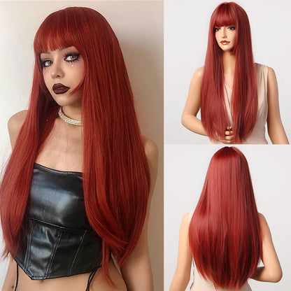 HENRY MARGU Long Straight Synthetic Wigs with Bangs Brown Red Copper Ginger Machine Made Wig for Women Cosplay Heat Resistant