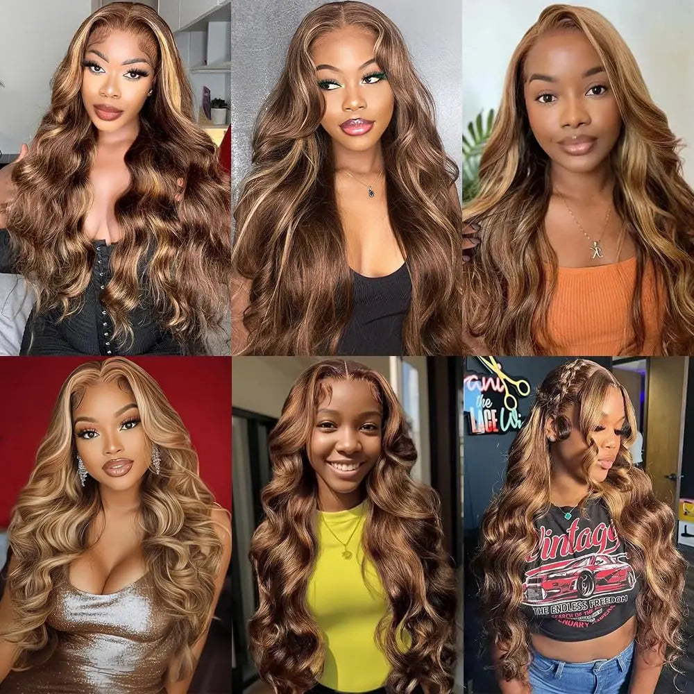 Valencia - Highlight 4/27 Body Wave Wig – 13x6 HD Lace Front Brazilian Human Hair Wig, Pre-Plucked 13x4 Transparent Lace for Women