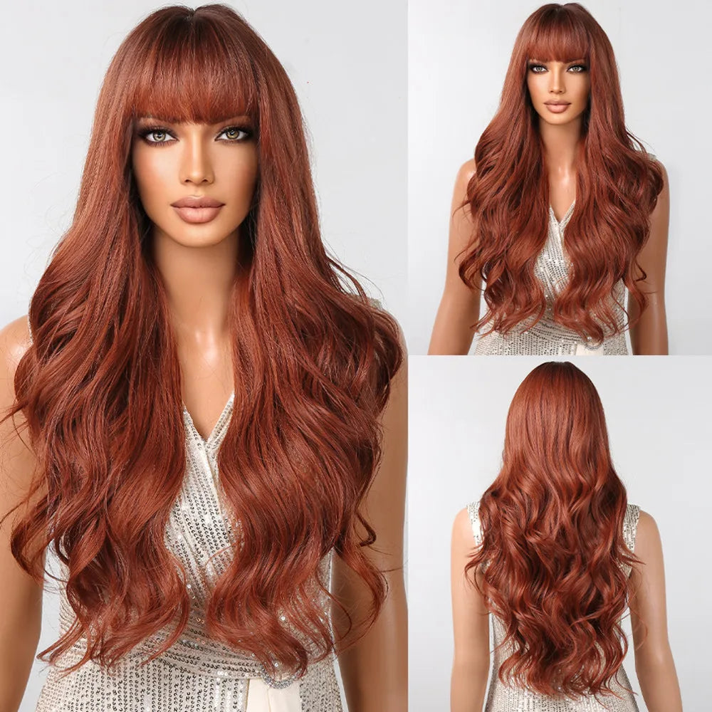 HENRY MARGU Long Straight Synthetic Wigs with Bangs Brown Red Copper Ginger Machine Made Wig for Women Cosplay Heat Resistant