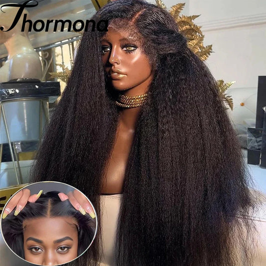 Synthetic Kinky Straight 4x4 Lace closure Wigs 200% Density 13X6 HD Yaki Straight Lace Front Wigs Wear and Go Glueless Wigs