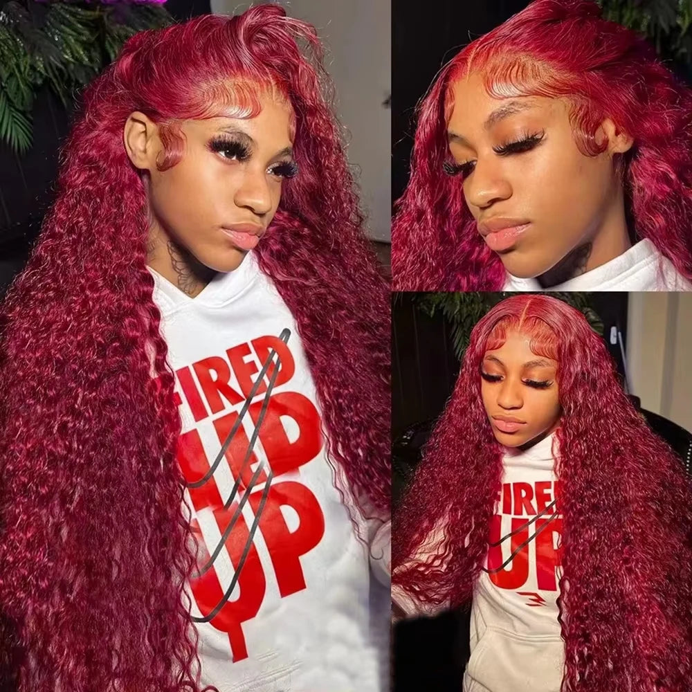 Amara Rouge – 99J Burgundy Deep Wave Wig | 200% Density, 13x6 HD Transparent Lace, 100% Brazilian Human Hair (46-Inch Luxury Length)