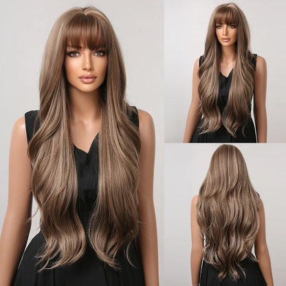 HENRY MARGU Long Straight Synthetic Wigs with Bangs Brown Red Copper Ginger Machine Made Wig for Women Cosplay Heat Resistant