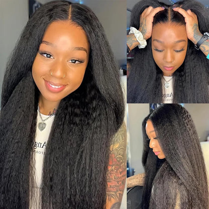 Synthetic Kinky Straight 4x4 Lace closure Wigs 200% Density 13X6 HD Yaki Straight Lace Front Wigs Wear and Go Glueless Wigs