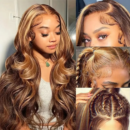 Valencia - Highlight 4/27 Body Wave Wig – 13x6 HD Lace Front Brazilian Human Hair Wig, Pre-Plucked 13x4 Transparent Lace for Women