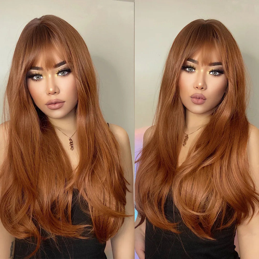 HENRY MARGU Long Straight Synthetic Wigs with Bangs Brown Red Copper Ginger Machine Made Wig for Women Cosplay Heat Resistant